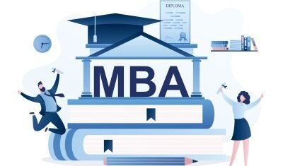 Happy students holding diploma of MBA degree. Skills Improvement, Online Education concept. Pile of books,diploma and businesspeople. University or academy,big graduate hat on roof.Vector illustration